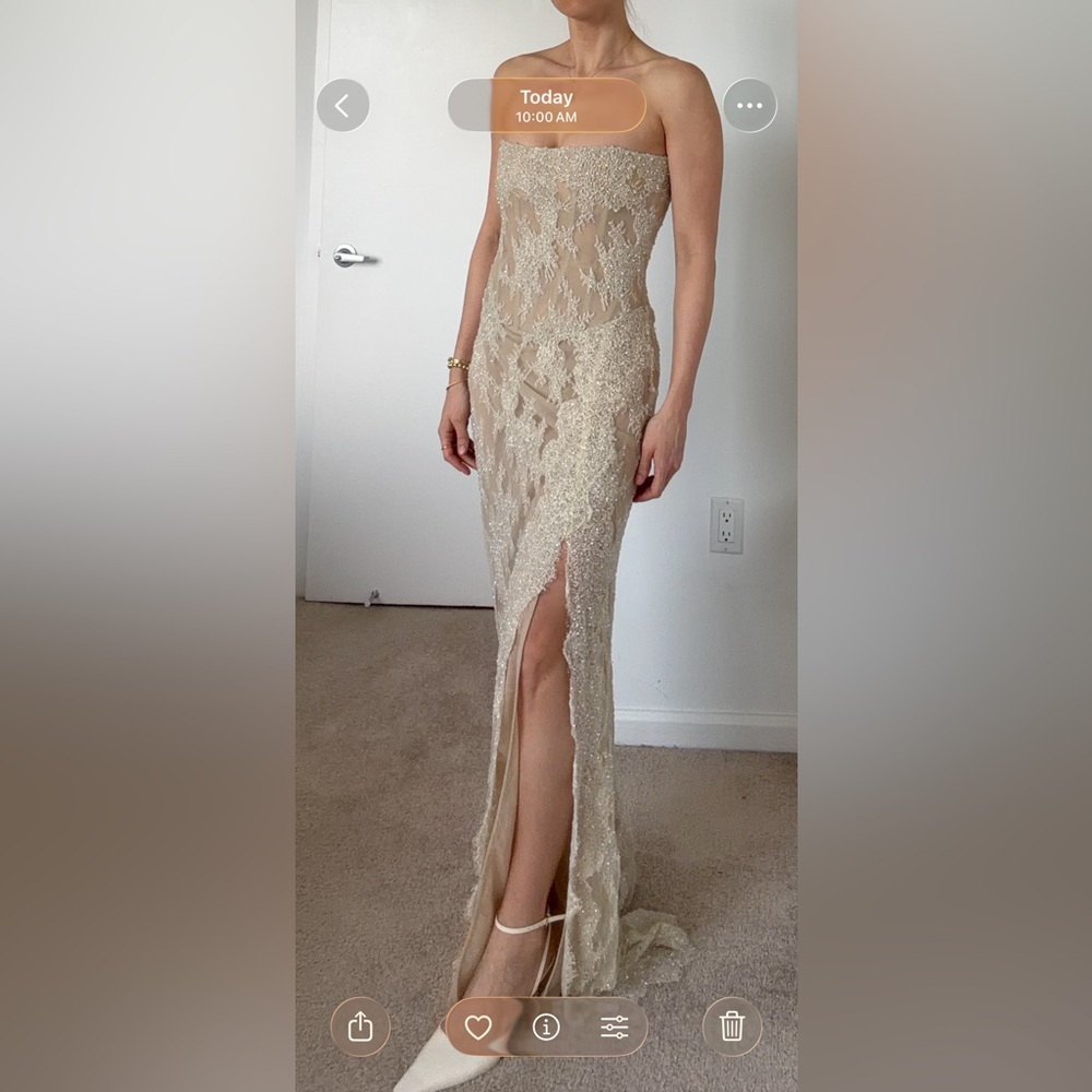 Beaded Lace Champagne Evening Wedding Dress with Front Slit